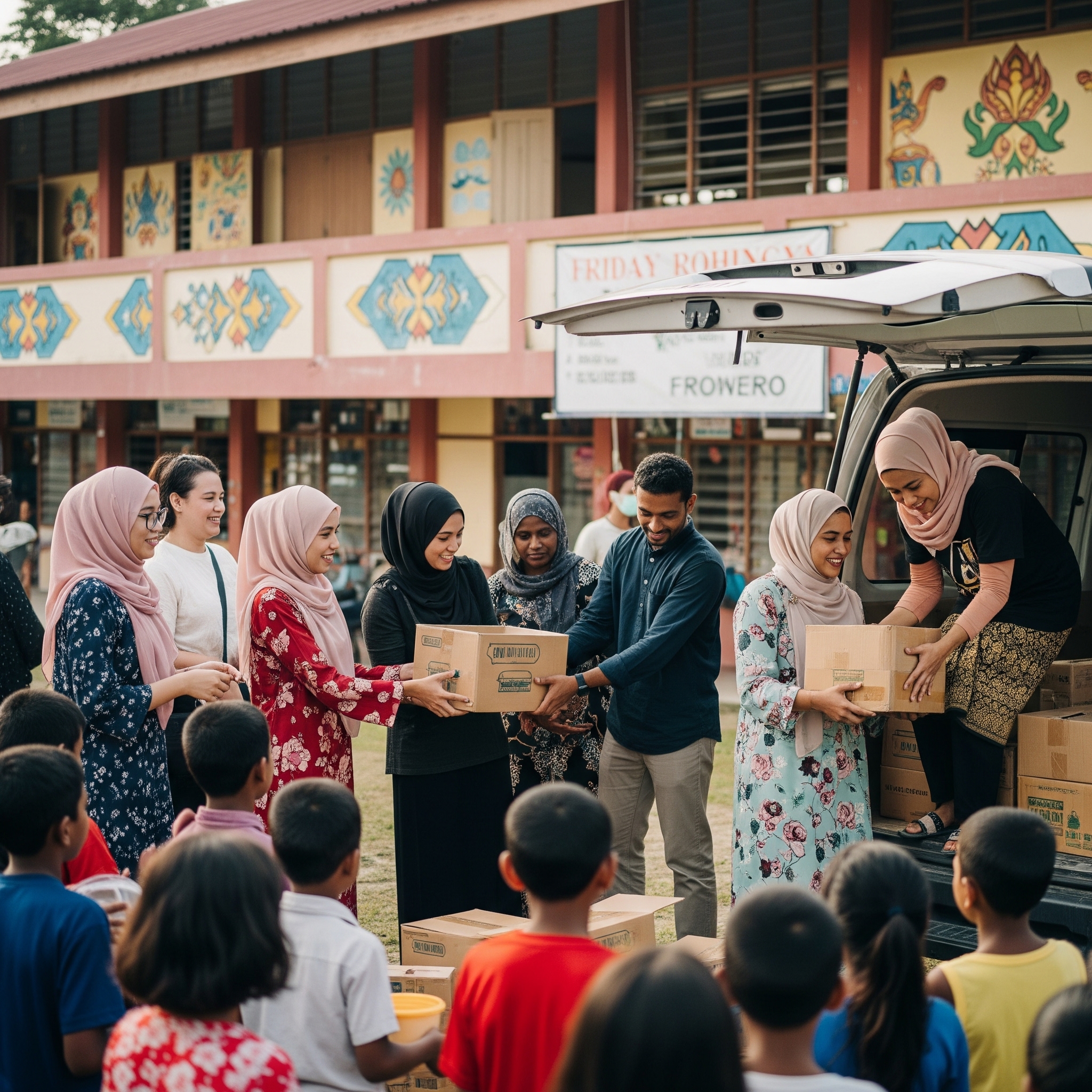 Volunteers preparing food packages for donation