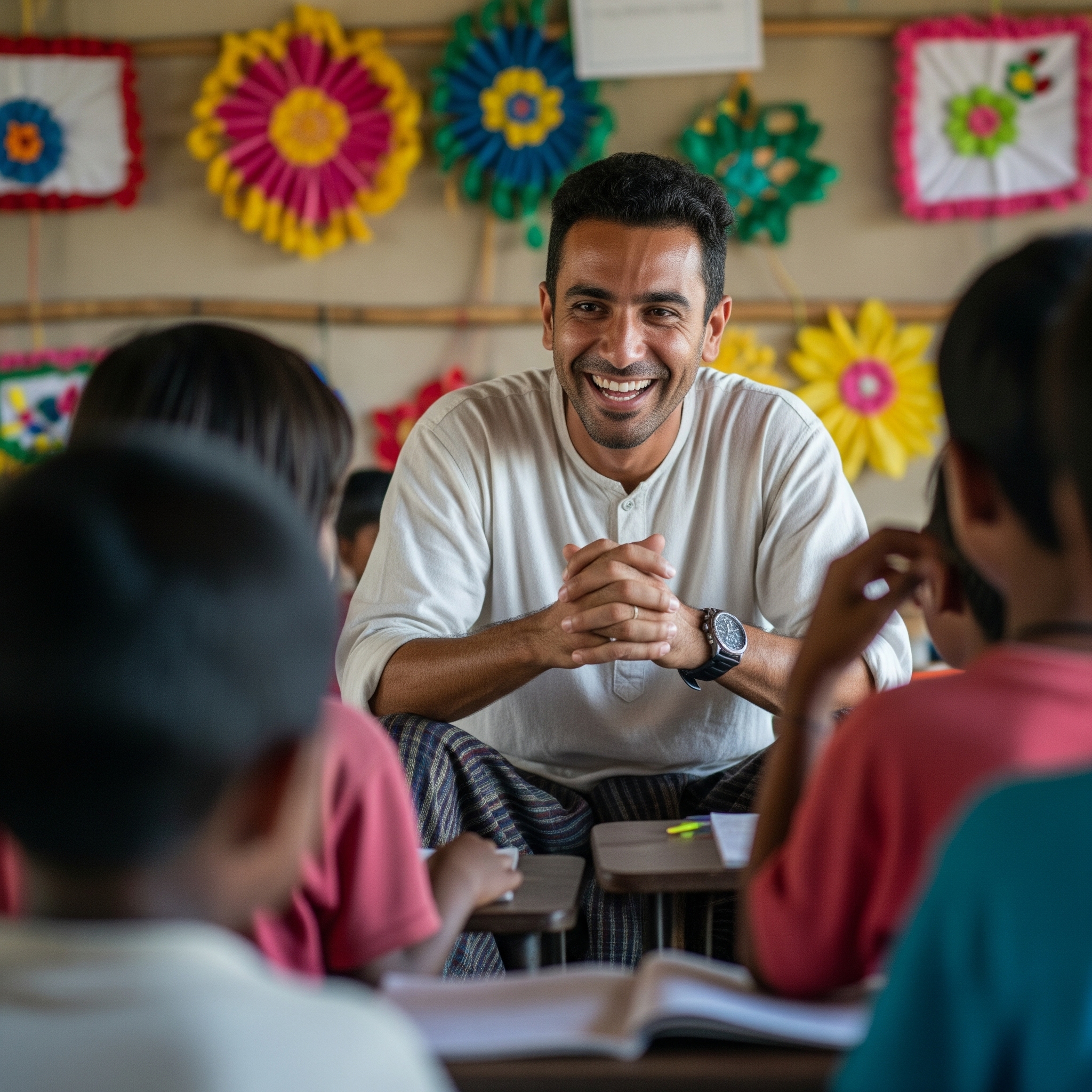 A teacher assisting a young student with their work